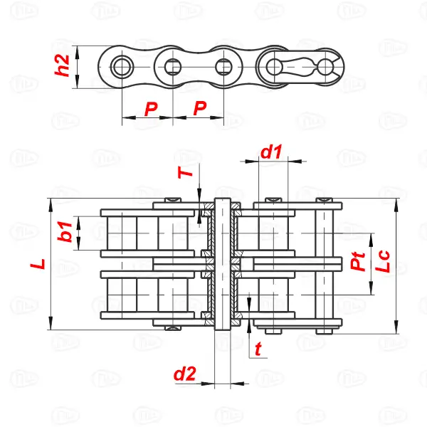 Двухрядная приводная роликовая цепь 32B-2 серии B ISO-606 (DIN 8187)